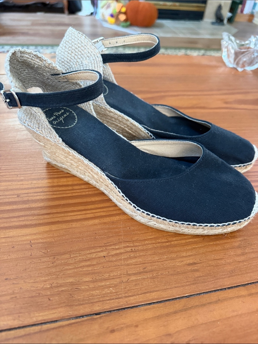 Toni Pons Black Espadrille Wedge Sandals with Ankle Strap, size 8